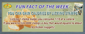 If you lick 3000 stamps a day that would equate to about 16 chicken nuggets in calories.